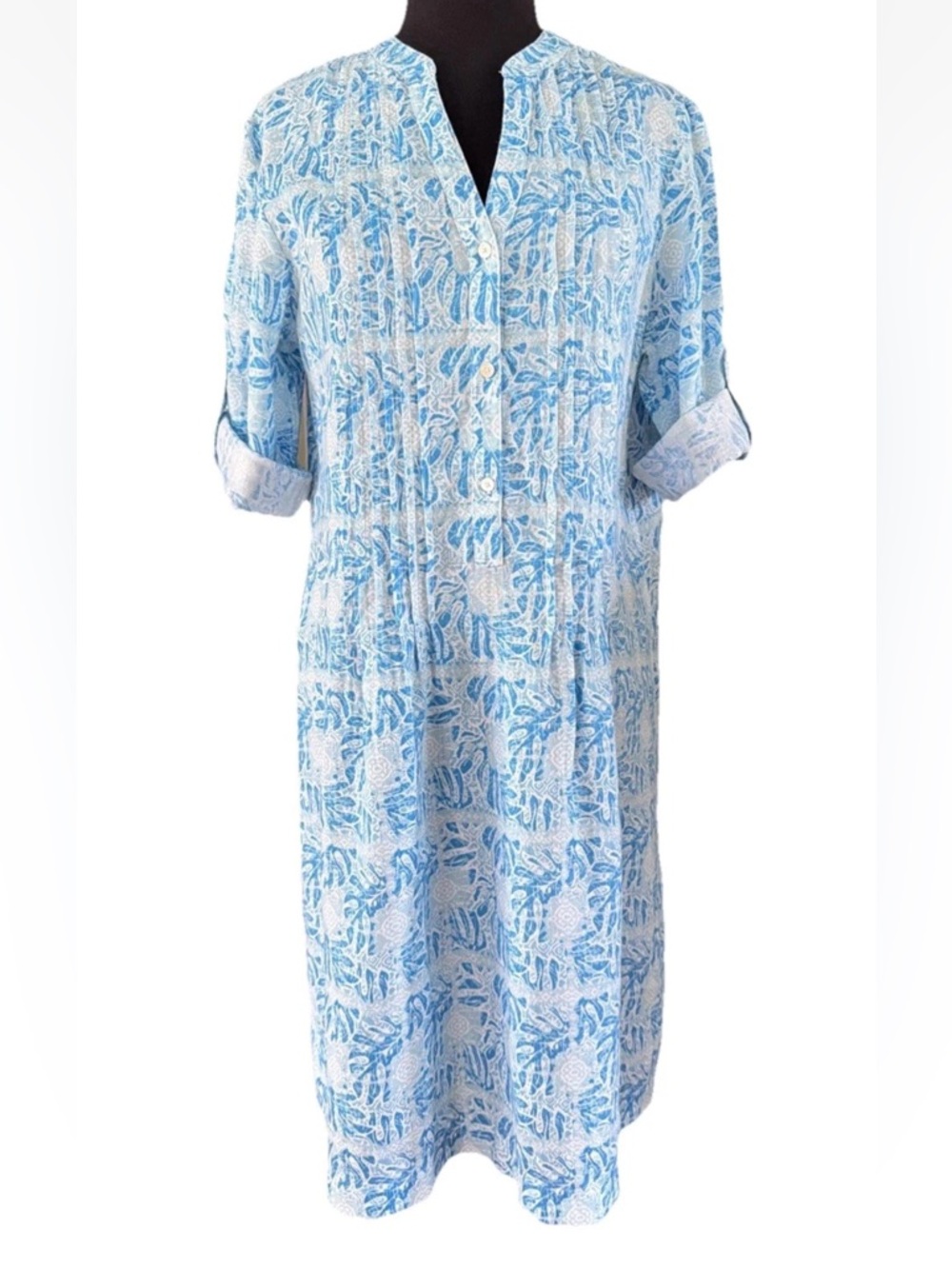J. McLaughlin Riviera Print Blue Linen Shift Dress Pleated Roll Tab Sleeves Sz M